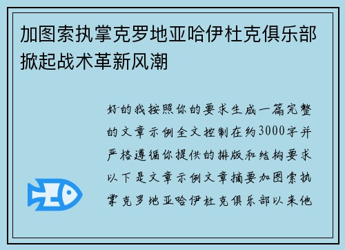 加图索执掌克罗地亚哈伊杜克俱乐部掀起战术革新风潮 加图索执掌克罗地亚哈伊杜克俱乐部掀起战术革新风潮